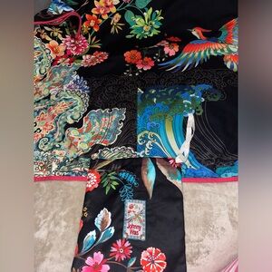 Johnny Was Black Multicolor Floral & Wave Swim Beach Towel Reversible